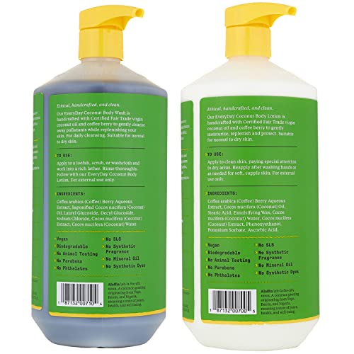 Alaffia Body Wash & Lotion Set - Hydrating Coconut Oil, Fair-Trade Ingredients - 32 Fl Oz Each