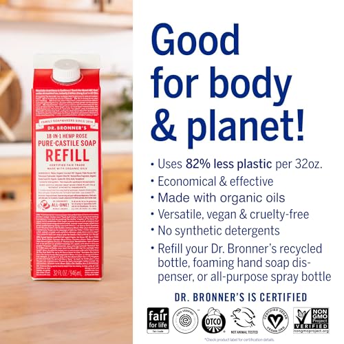 Dr. Bronner's Body Soap - Organic Oils, Fair Trade, 82% Less Plastic Refill - 32oz Rose