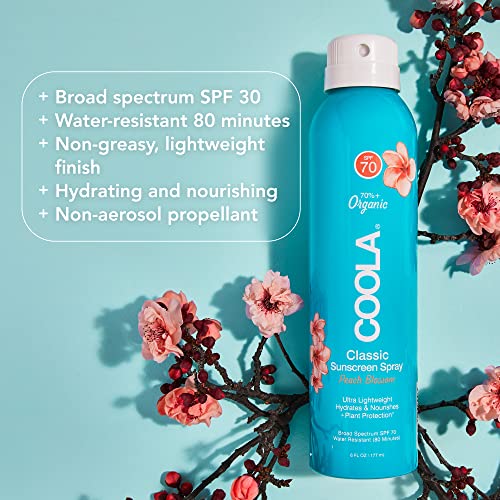 COOLA Organic Sunscreen SPF 70 Spray - Broad Spectrum Protection, Peach Blossom Scent - 6 Fl Oz