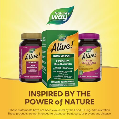 Nature's Way Alive! Vitamin D & K2 Supplement - Bone Support, Plant-Sourced Calcium - 120 Tablets