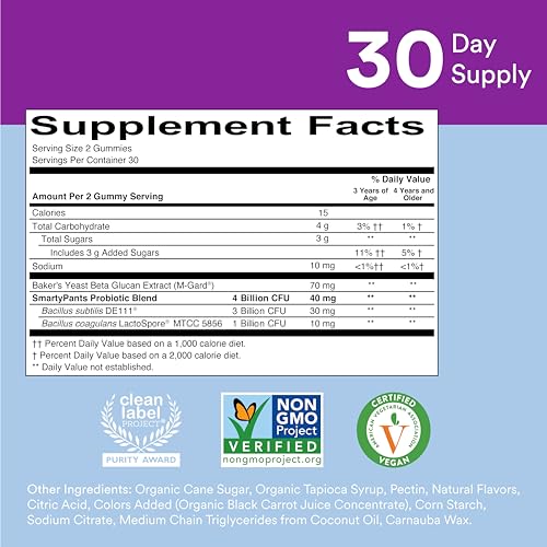 SmartyPants Kids Probiotic Gummies - Digestive & Immune Support, Vegan, Grape Flavor - 60 Count