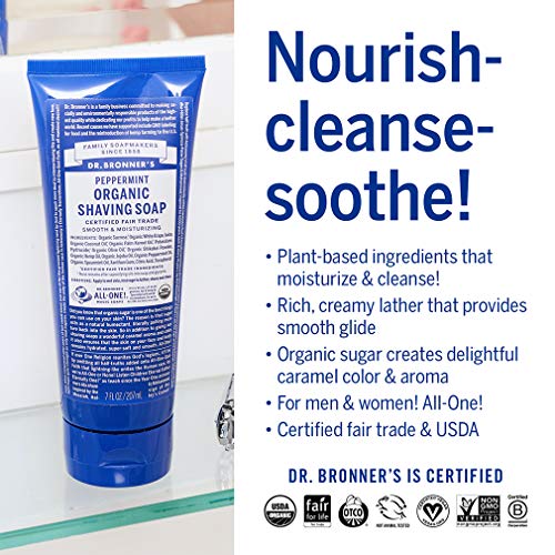 Dr. Bronner's Organic Shaving Soap - Moisturizes, Cleanses & Soothes, Peppermint - 7oz