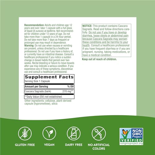 Nature's Way Cascara Sagrada Bark - Occasional Constipation Relief, Vegan, Non-GMO - 180 Capsules