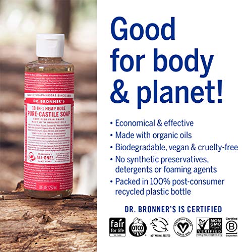Dr. Bronner's Body Soap - Made with Organic Oils, 18-in-1 Uses, Vegan, Non-GMO - 16oz Rose