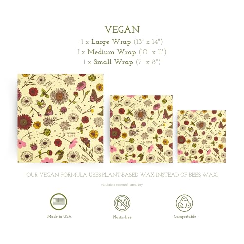 Bee's Wrap Reusable Food Storage Bundle - Vegan Wraps & Swedish Dish Cloths, Meadow Magic - 3 Pack