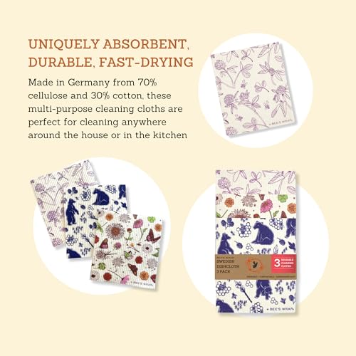 Bee's Wrap Reusable Food Storage Bundle - Vegan Wraps & Swedish Dish Cloths, Meadow Magic - 3 Pack