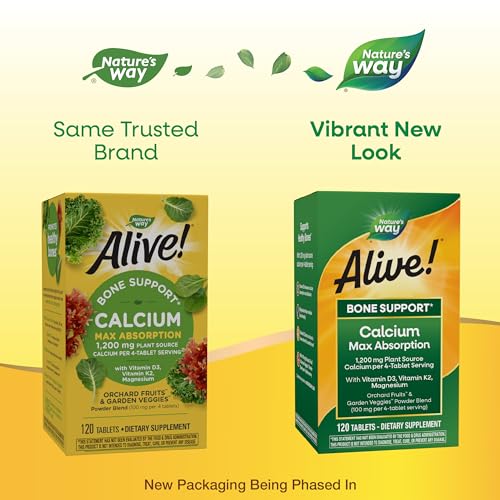 Nature's Way Alive! Vitamin D & K2 Supplement - Bone Support, Plant-Sourced Calcium - 120 Tablets