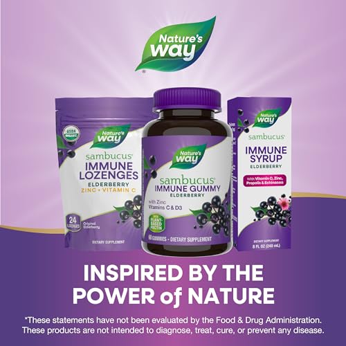 Nature's Way Sambucus Elderberry Gummies - Immune Support with Vitamin C, D3, Zinc - 60 Count