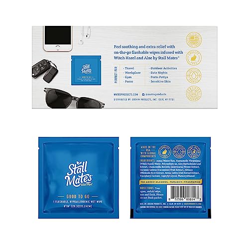 Stall Mates Adult Hygienic Wipes - Soothing Witch Hazel, Flushable & Hypoallergenic - 30 Singles