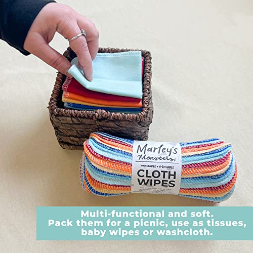 Marley's Monsters Reusable Cloth Wipes - Soft, Absorbent Cotton, Washable - 24 Pack, Surprise Prints