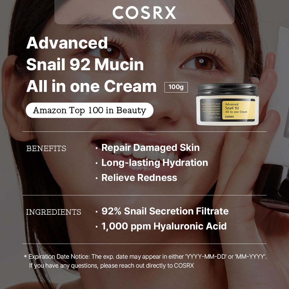 COSRX Moisturizer - Hydrating Snail Mucin Repair for Sensitive Skin, Hypoallergenic - 3.52oz