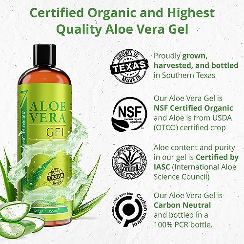 Seven Minerals Organic Aloe Vera Gel - Pure, Vegan Relief for Skin & Hair, 12oz