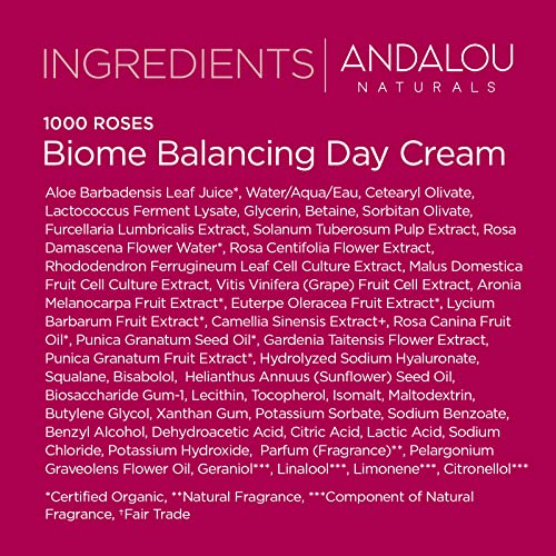Andalou Naturals 1000 Roses Day Cream - Balances Microbiome, Nourishes Sensitive Skin - 1.7oz