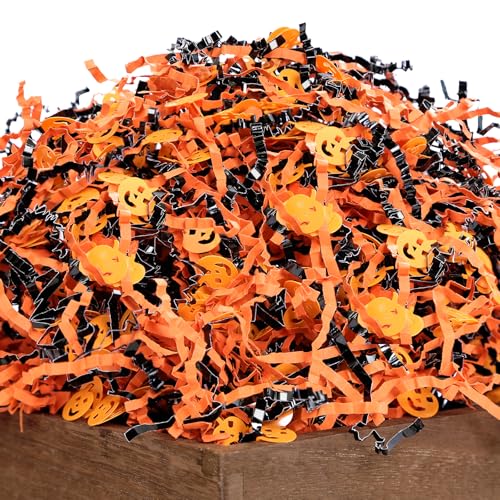 UNIQOOO Halloween Crinkle Cut Paper Filler - Biodegradable, Durable, 2LB Metallic Black & Orange