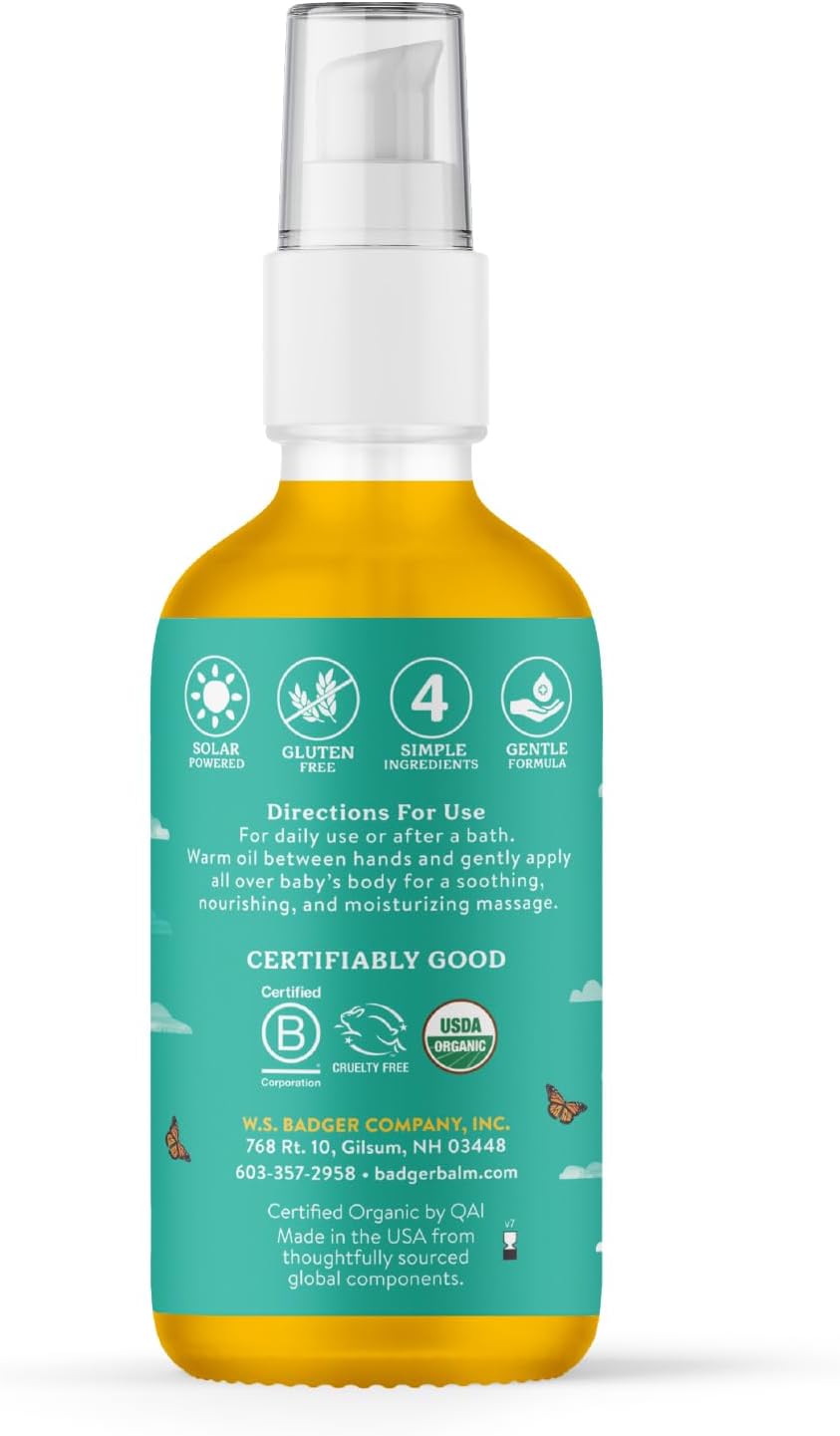 Badger Baby Oil - Soothes Dry Skin & Cradle Cap, Organic Ingredients, 4 fl oz Glass Bottle