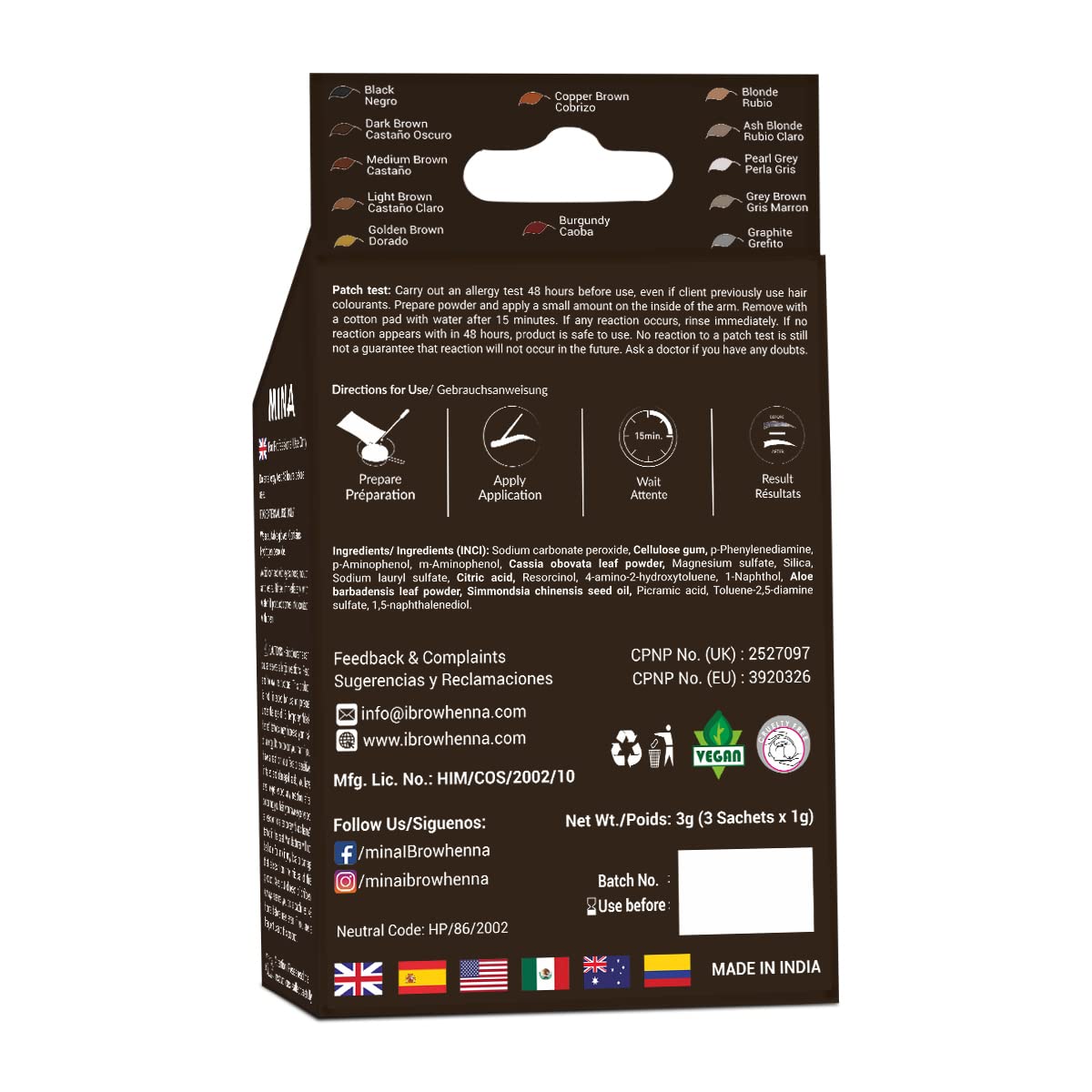 MinaiBrow Dark Brown Tint Kit - Natural Spot Coloring, 100% Gray Coverage, Vegan - 30 Applications