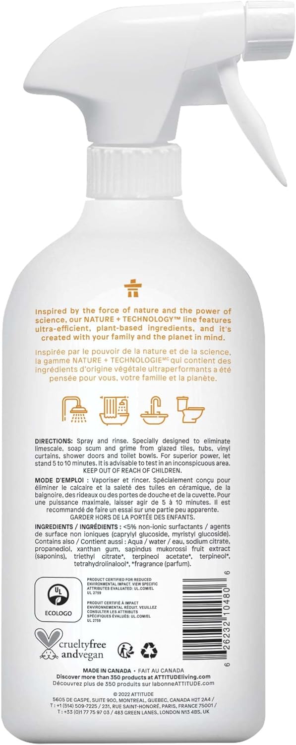 ATTITUDE Bathroom Cleaner - EWG Verified, Plant-Based, Vegan, Citrus Zest - 27.1 Fl Oz