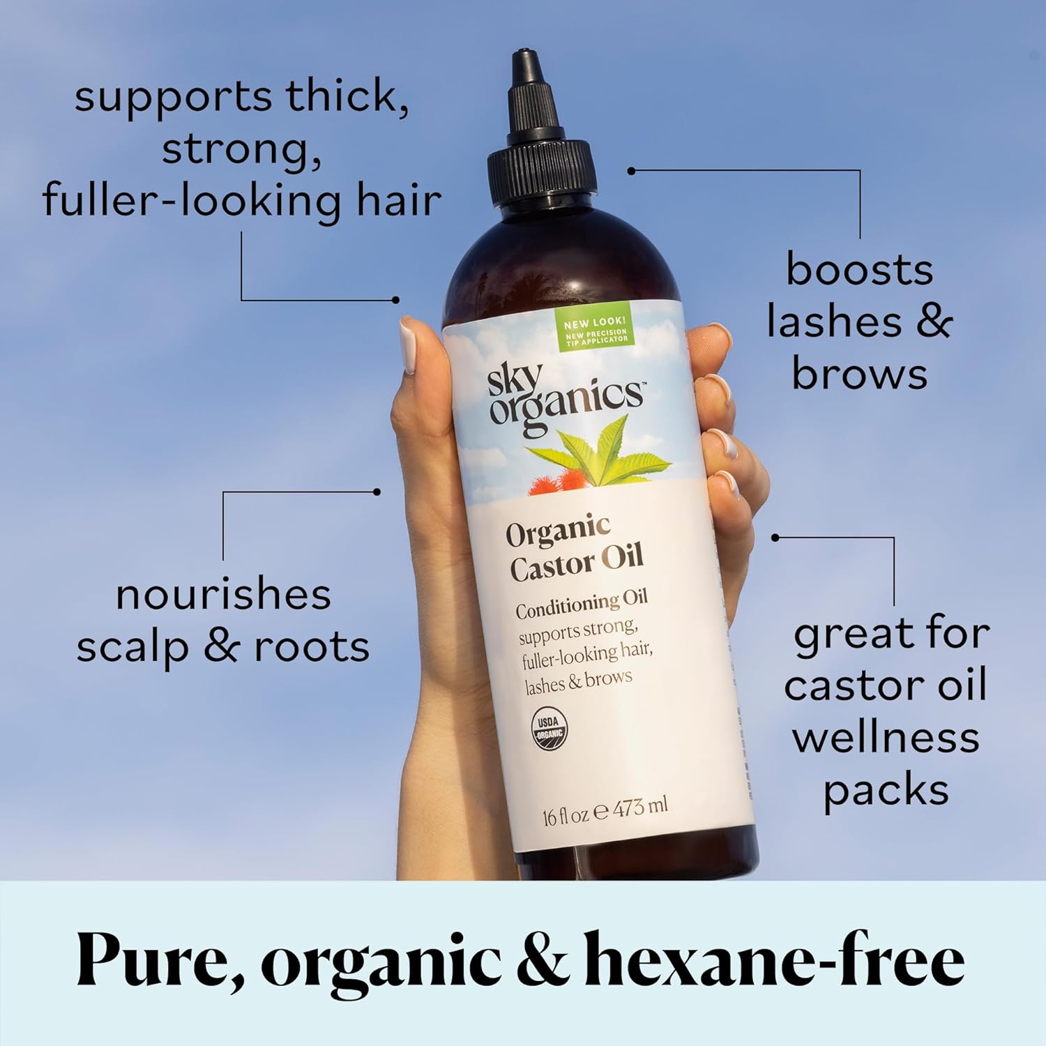 Sky Organics Castor Oil - Nourishing for Hair, Skin & Lashes, USDA Organic, Hexane-Free - 16 fl oz
