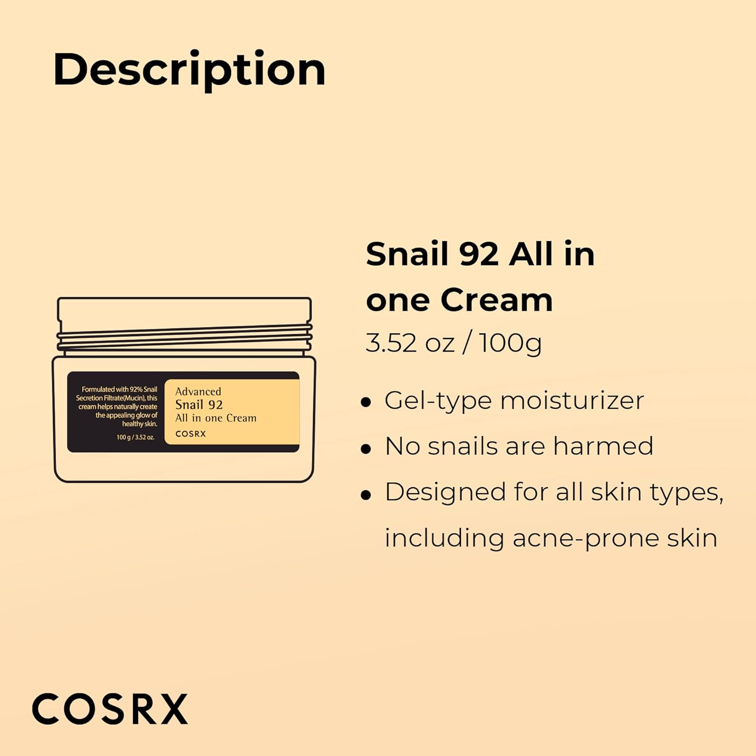 COSRX Moisturizer - Hydrating Snail Mucin Repair for Sensitive Skin, Hypoallergenic - 3.52oz
