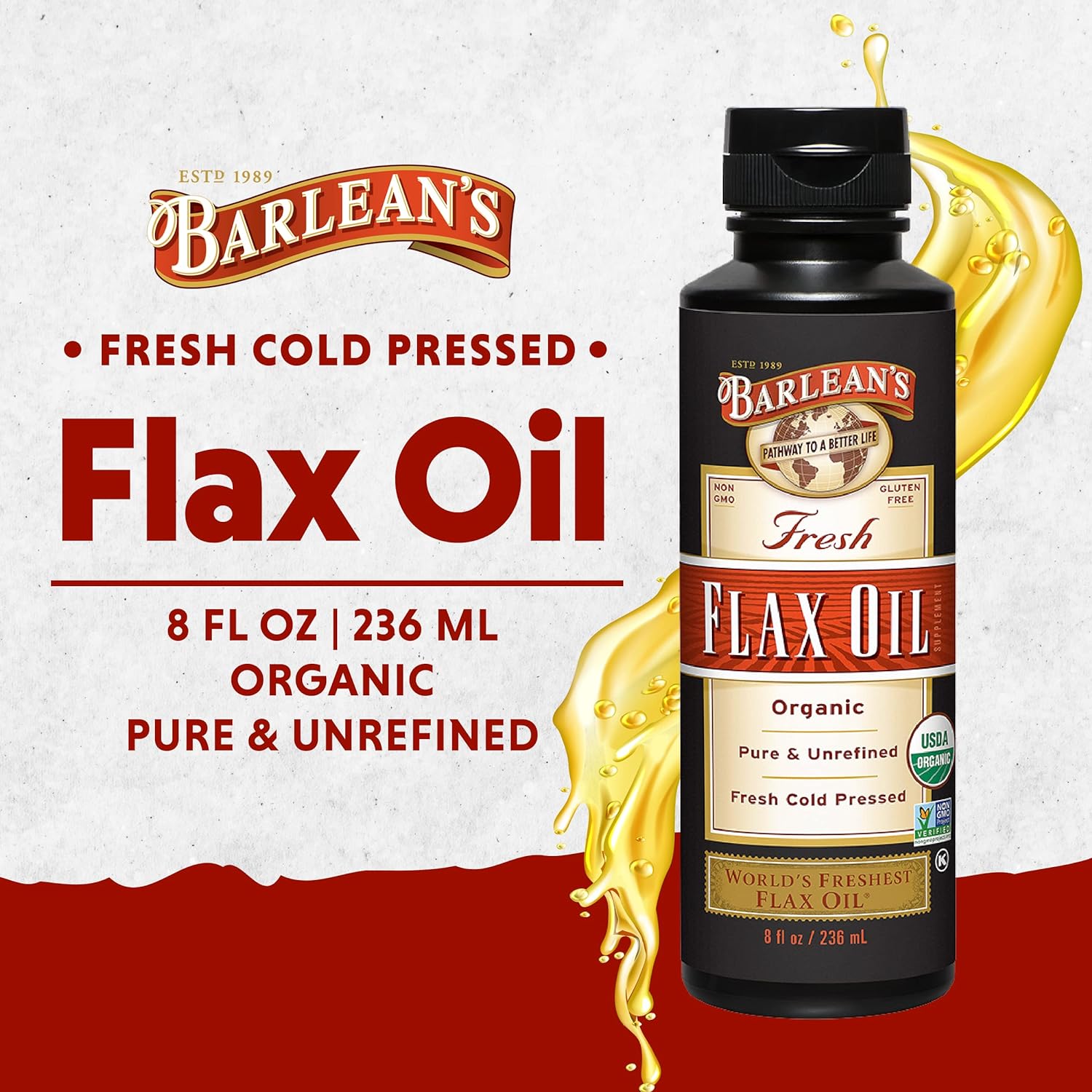 Barlean's Organic Flaxseed Oil - 7640mg ALA Omega-3 for Skin & Hair Care, Vegan - 8 oz