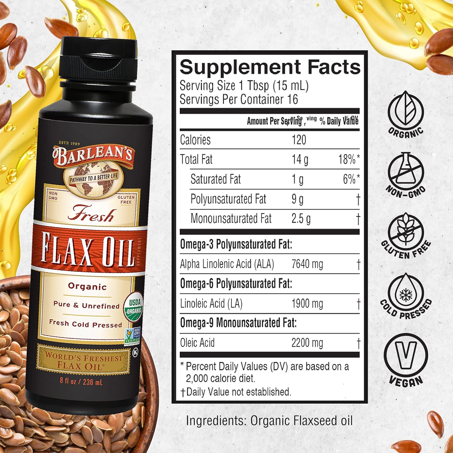 Barlean's Organic Flaxseed Oil - 7640mg ALA Omega-3 for Skin & Hair Care, Vegan - 8 oz