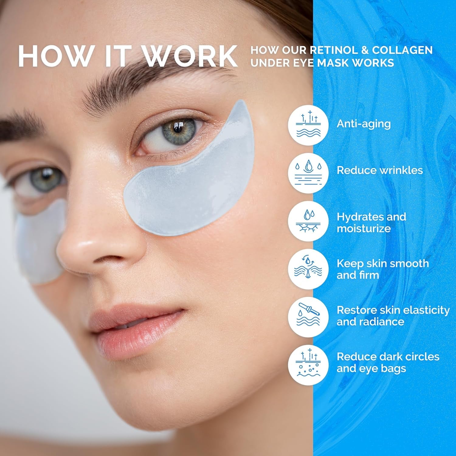 under Eye Patches for Dark Circles: 30 Pairs Retinol Collagen Eye Gels Mask - Reduce Wrinkles Puffy & Bags - Skin Treatment Pads - anti Aging Moisturizer for Women (Blue)
