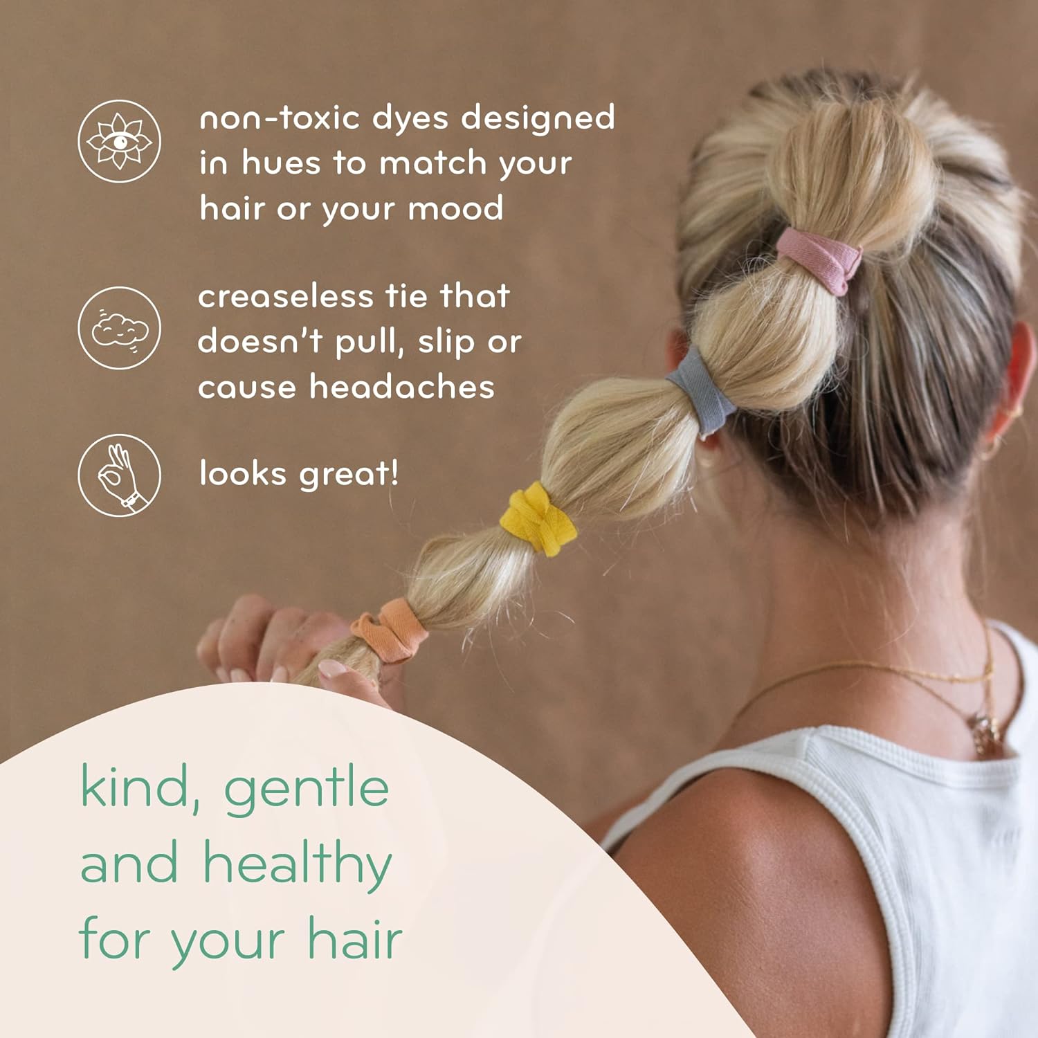 KOOSHOO Organic Cotton Hair Ties - No-Damage, Plastic-Free, Strong & Comfortable - 5ct, Blond