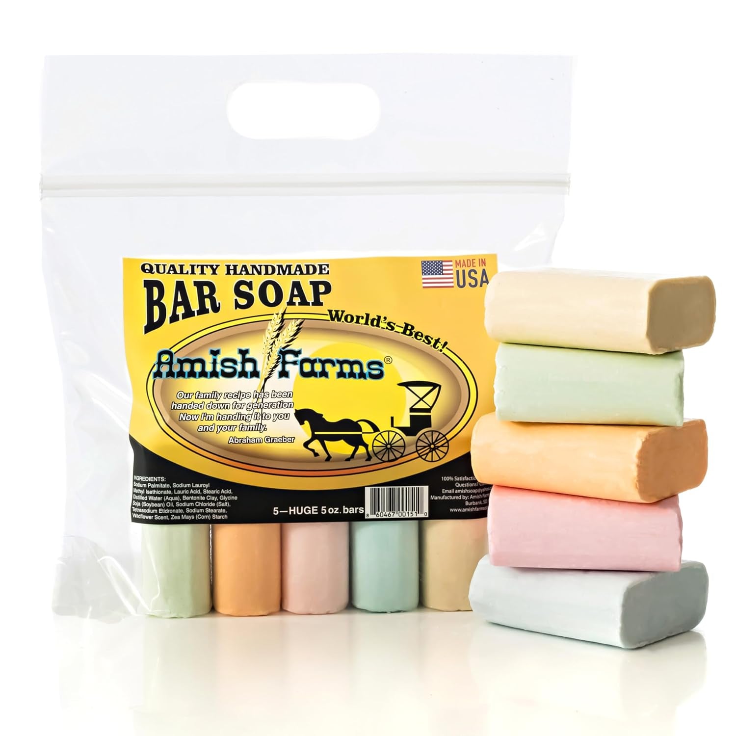 Original Recipe All Natural Soap Bar - Made in USA, Handmade, Vegan Moisturizing for Sensitive Skin - Women & Mens Bar Soap or Mens Soap - Wildflower Scent 5 Oz Each (5 Bars) Colors Vary