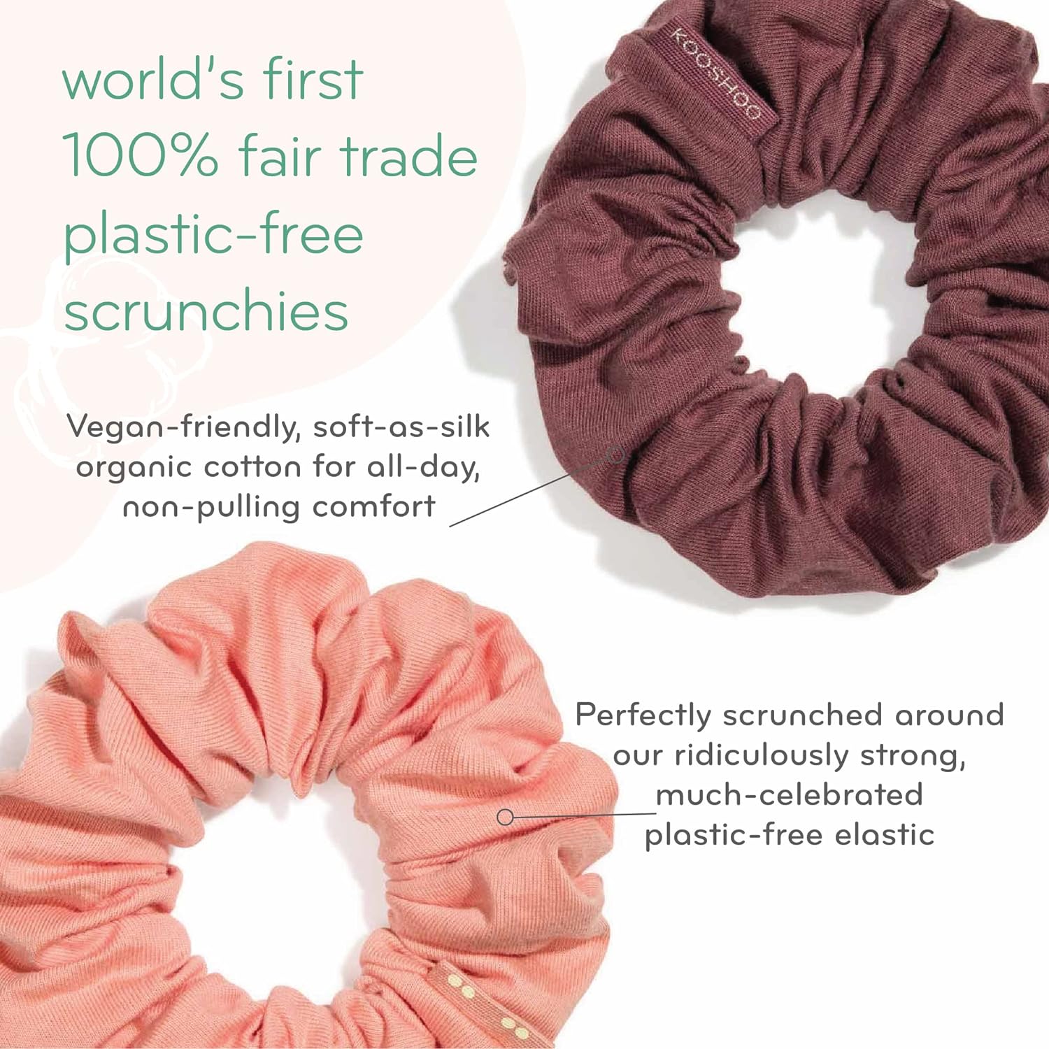 KOOSHOO Hair Scrunchies - Organic Cotton, Gentle Hold, Durable, Fair Trade - 2 Pack